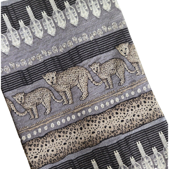 Vintage Tesoro Rosso Silk Tie Gray Leopard Cheetah Safari Aztec Tribal Jungle - Picture 8 of 9